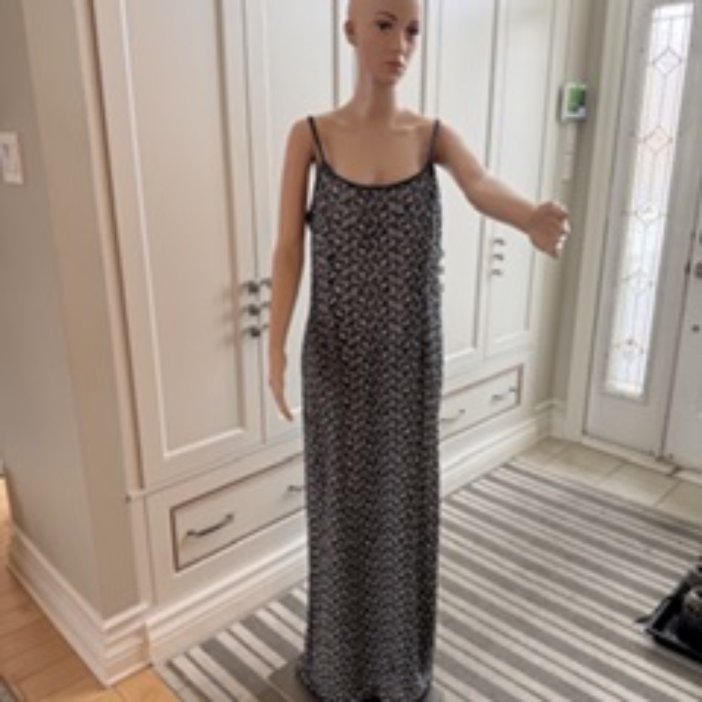 Sequin evening gown size 14 silver with teal and brown accent beading.